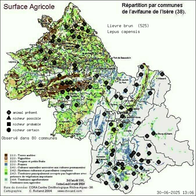 Carte de rpartition par communes en Isre d'une espce d'animal: Livre brun (Lepus capensis) selon Agriculture