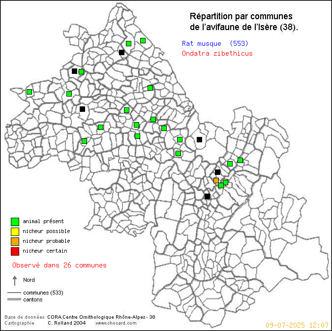 Carte de rpartition par communes en Isre d'une espce d'animal: Rat musqu (Ondatra zibethicus) selon Communes et cantons