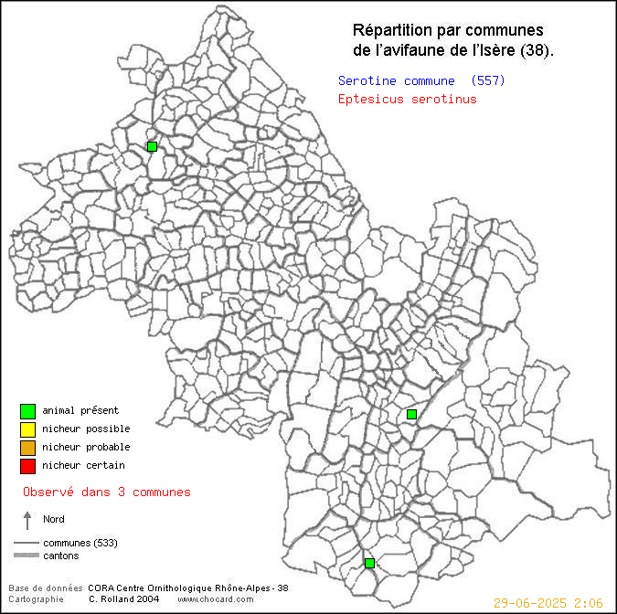 Carte de rpartition par communes en Isre d'une espce d'animal: Srotine commune (Eptesicus serotinus) selon Communes et cantons