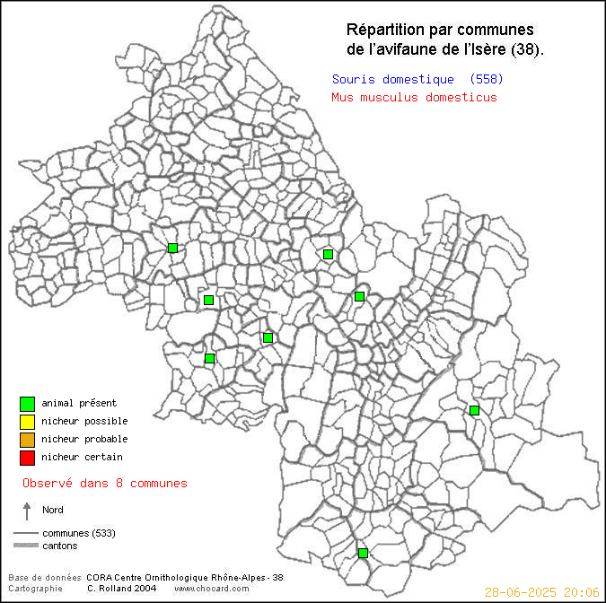 Carte de rpartition par communes en Isre d'une espce d'animal: Souris domestique (Mus musculus domesticus) selon Communes et cantons