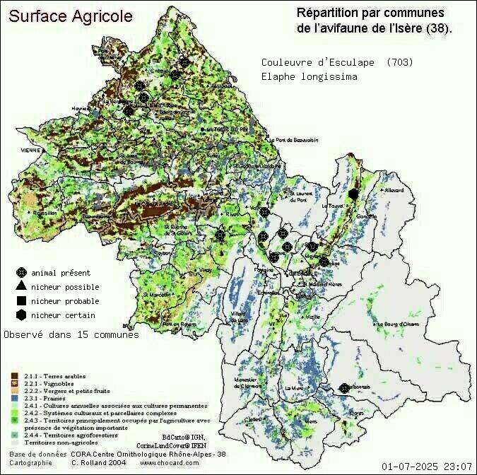 Carte de rpartition par communes en Isre d'une espce d'animal: Couleuvre d Esculape (Elaphe longissima) selon Agriculture