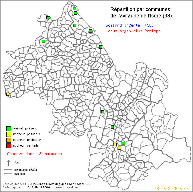 Goland argent (Larus argentatus Pontopp.): carte de rpartition en Isre