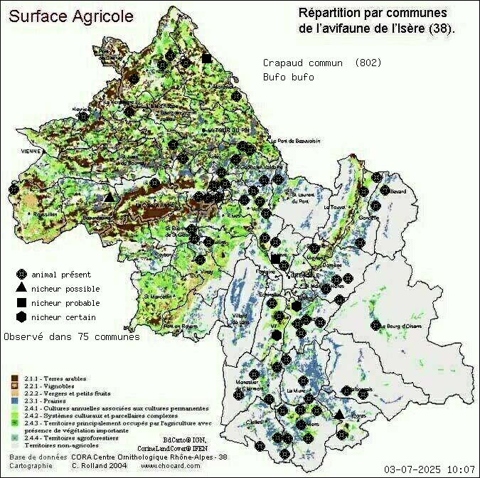 Carte de rpartition par communes en Isre d'une espce d'animal: Crapaud commun (Bufo bufo) selon Agriculture