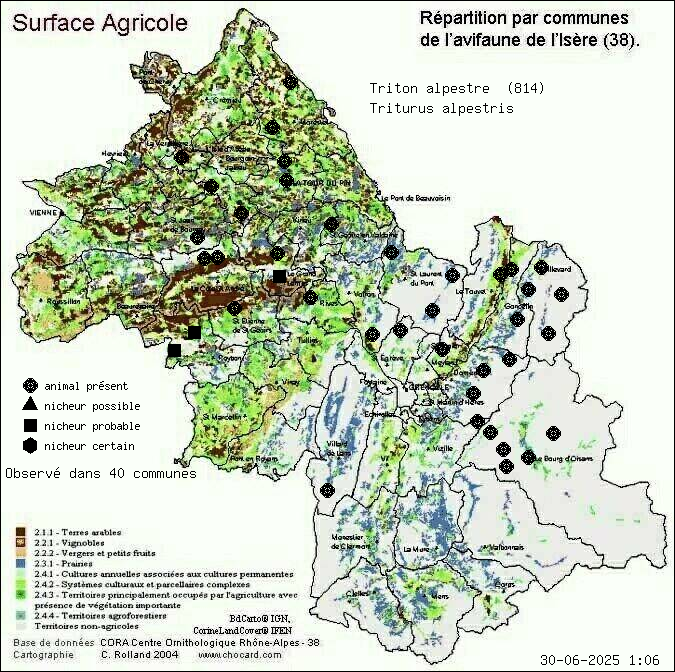 Carte de rpartition par communes en Isre d'une espce d'animal: Triton alpestre (Triturus alpestris) selon Agriculture