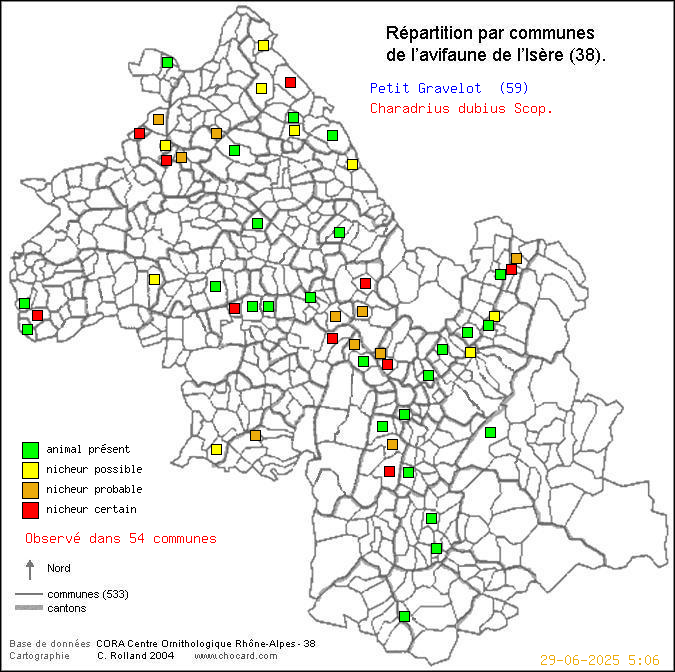 Carte de rpartition par communes en Isre d'une espce d'oiseau: Petit Gravelot (Charadrius dubius Scop.) selon Communes et cantons