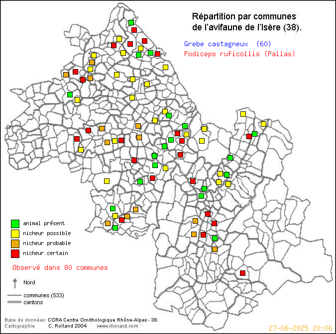 Carte de rpartition par communes en Isre d'une espce d'oiseau: Grbe castagneux (Podiceps ruficollis (Pallas)) selon Communes et cantons