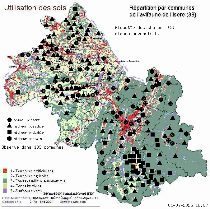 Carte de rpartition par communes en Isre d'une espce d'animal: Alouette des champs (Alauda arvensis L.) selon Occupation des sols