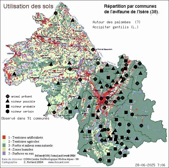 Carte de rpartition par communes en Isre d'une espce d'animal: Autour des palombes (Accipiter gentilis (L.)) selon Occupation des sols