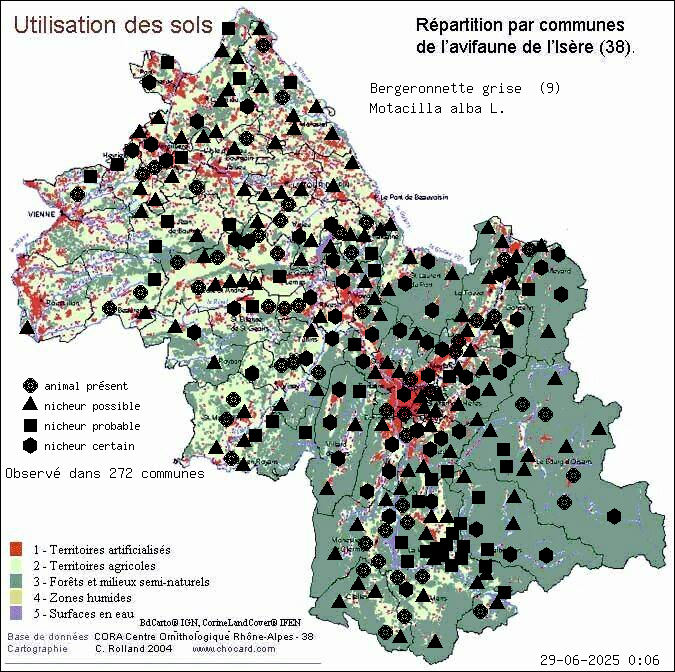 Bergeronnette grise (Motacilla alba L.): carte de rpartition en Isre