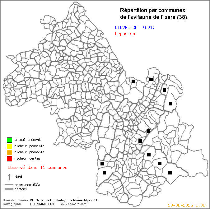 Carte de rpartition par communes en Isre d'une espce d'animal: LIEVRE SP (Lepus sp) selon Communes et cantons