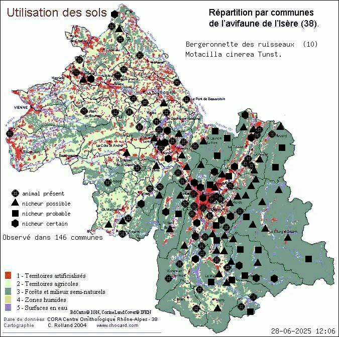 Bergeronnette des ruisseaux (Motacilla cinerea Tunst.): carte de rpartition en Isre