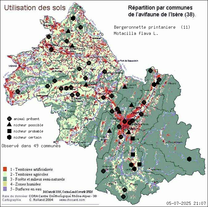 Bergeronnette printanire (Motacilla flava L.): carte de rpartition en Isre