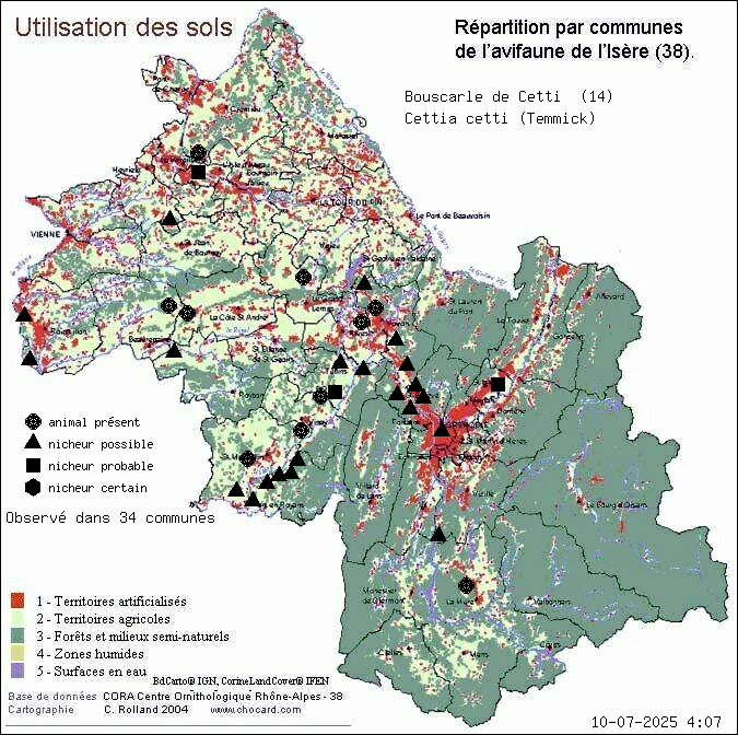 Bouscarle de Cetti (Cettia cetti (Temmick)): carte de rpartition en Isre