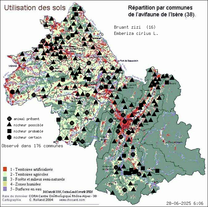 Bruant zizi (Emberiza cirlus L.): carte de rpartition en Isre