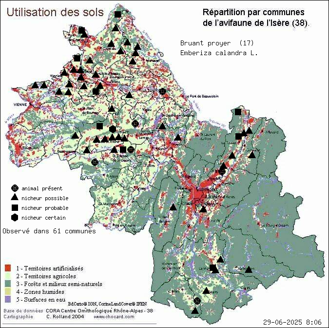 Bruant proyer (Emberiza calandra L.): carte de rpartition en Isre