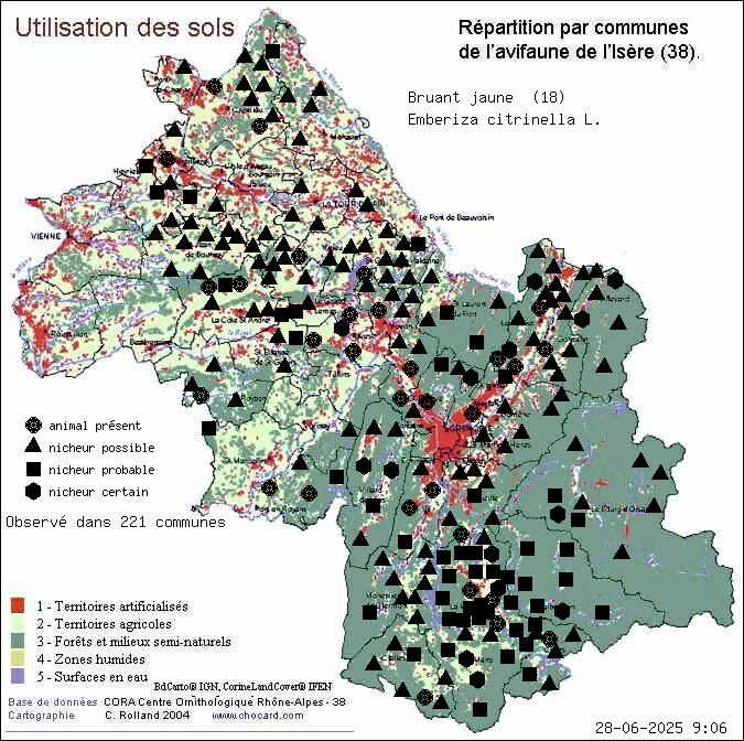 Bruant jaune (Emberiza citrinella L.): carte de rpartition en Isre