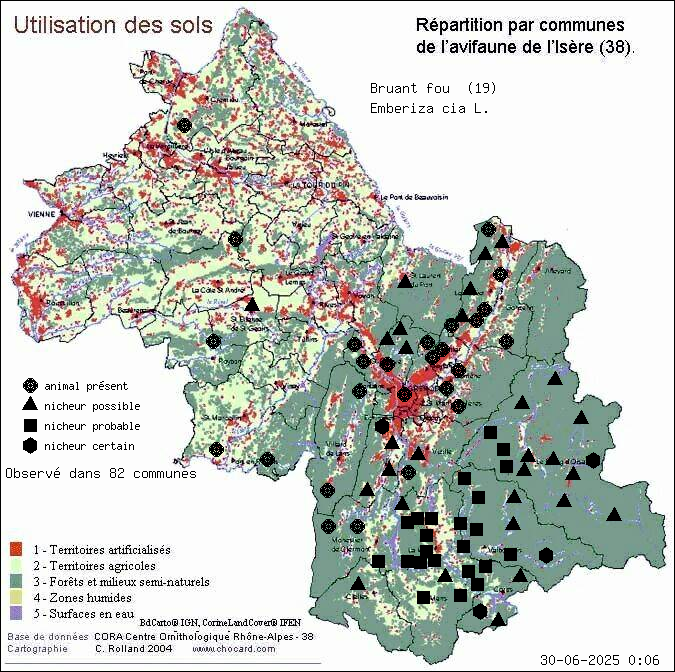 Bruant fou (Emberiza cia L.): carte de rpartition en Isre