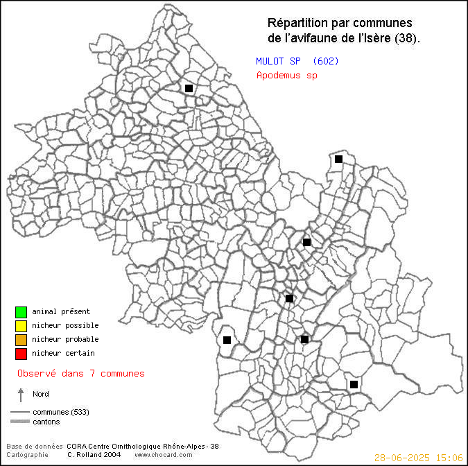 Carte de rpartition par communes en Isre d'une espce d'animal: MULOT SP (Apodemus sp) selon Communes et cantons