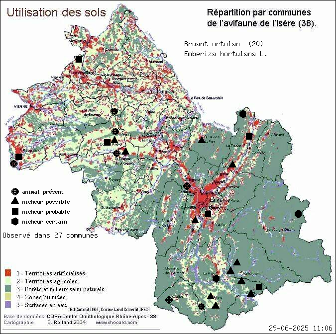 Bruant ortolan (Emberiza hortulana L.): carte de rpartition en Isre