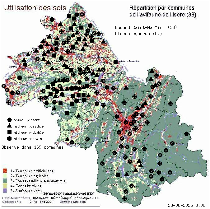 Busard Saint-Martin (Circus cyaneus (L.)): carte de rpartition en Isre