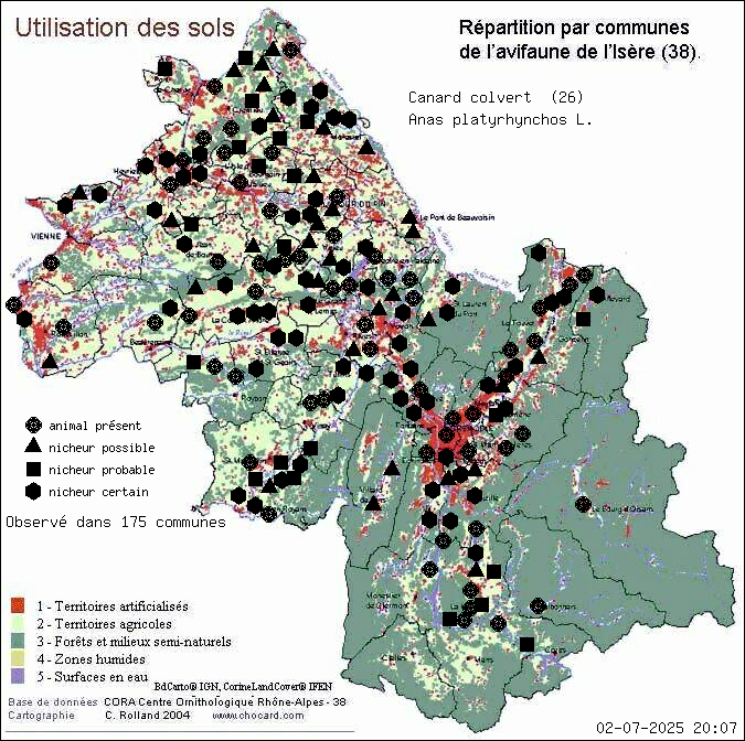 Canard colvert (Anas platyrhynchos L.): carte de rpartition en Isre