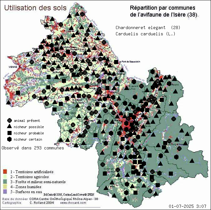 Chardonneret lgant (Carduelis carduelis (L.)): carte de rpartition en Isre