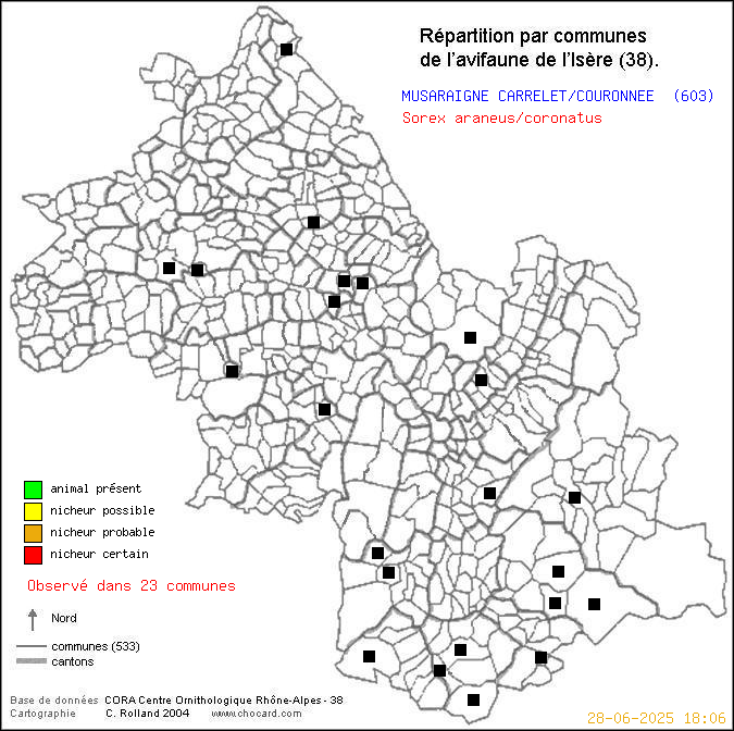 Carte de rpartition par communes en Isre d'une espce d'animal: MUSARAIGNE CARRELET/COURONNEE (Sorex araneus/coronatus) selon Communes et cantons