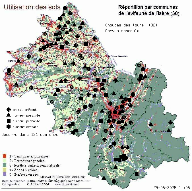 Choucas des tours (Corvus monedula L.): carte de rpartition en Isre