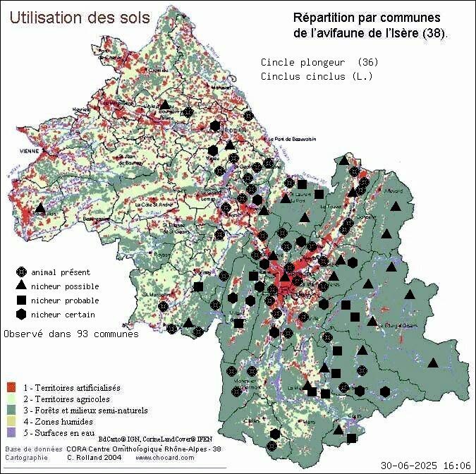 Cincle plongeur (Cinclus cinclus (L.)): carte de rpartition en Isre