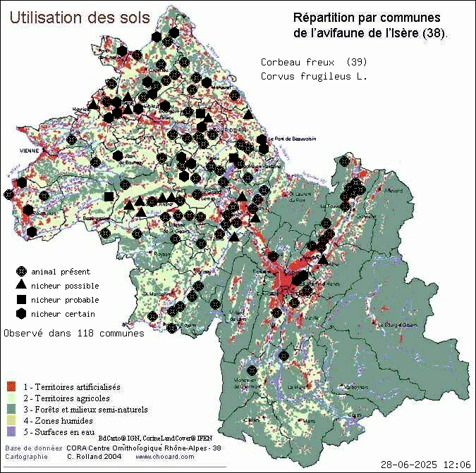 Corbeau freux (Corvus frugileus L.): carte de rpartition en Isre