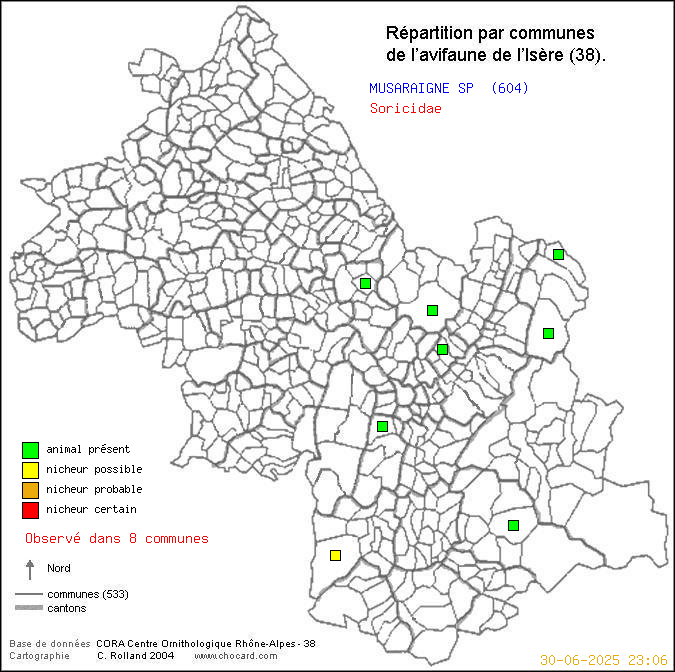 Carte de rpartition par communes en Isre d'une espce d'animal: MUSARAIGNE SP (Soricidae) selon Communes et cantons