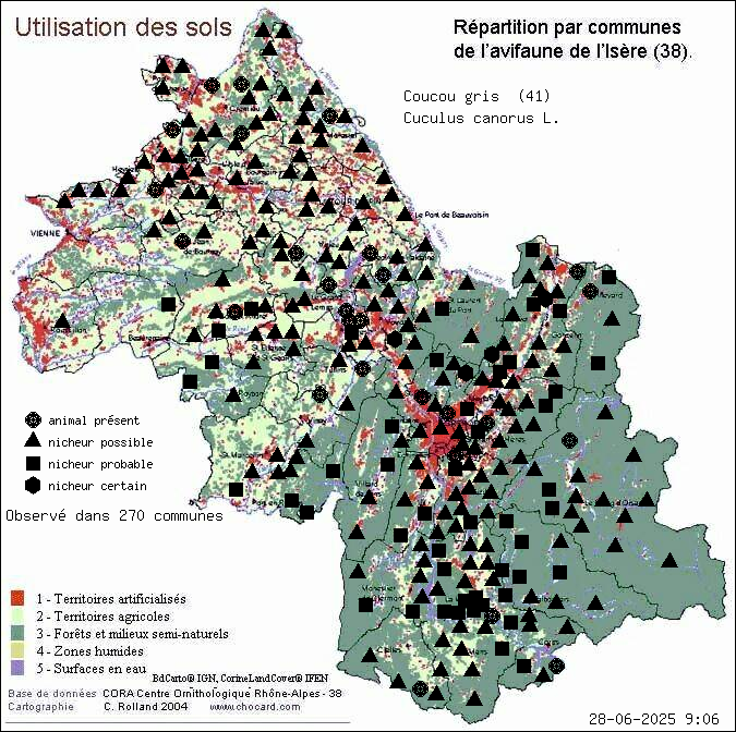 Coucou gris (Cuculus canorus L.): carte de rpartition en Isre