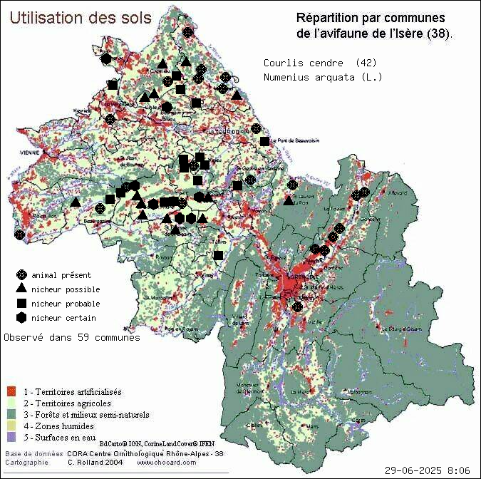 Courlis cendr (Numenius arquata (L.)): carte de rpartition en Isre