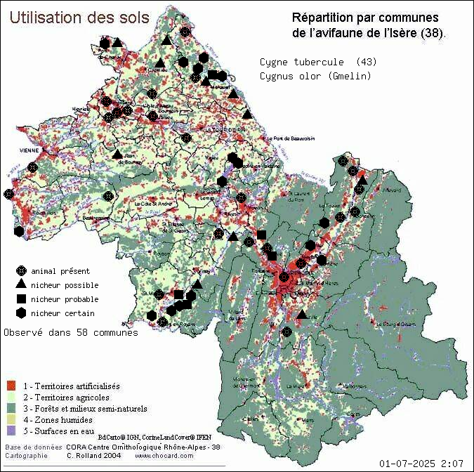 Carte de rpartition par communes en Isre d'une espce d'animal: Cygne tubercul (Cygnus olor (Gmelin)) selon Occupation des sols