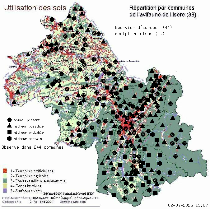 Carte de rpartition par communes en Isre d'une espce d'animal: Epervier d Europe (Accipiter nisus (L.)) selon Occupation des sols