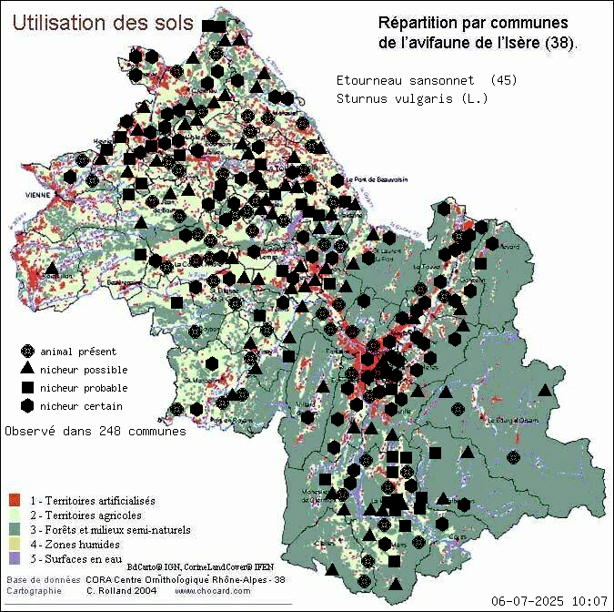 Carte de rpartition par communes en Isre d'une espce d'animal: Etourneau sansonnet (Sturnus vulgaris (L.)) selon Occupation des sols