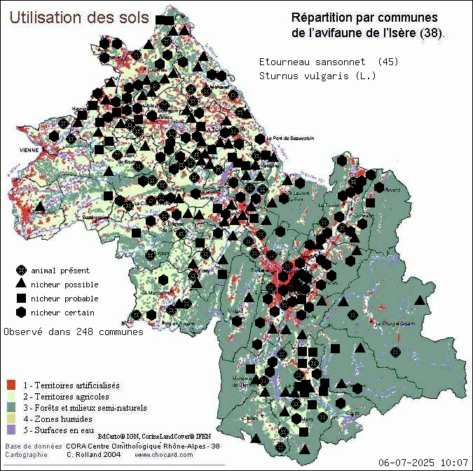 Etourneau sansonnet (Sturnus vulgaris (L.)): carte de rpartition en Isre