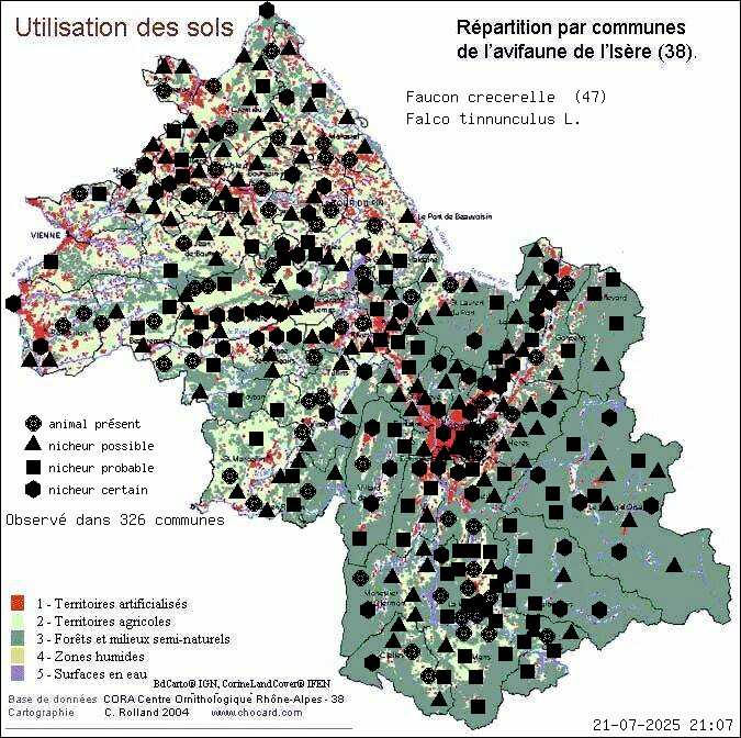 Faucon crcerelle (Falco tinnunculus L.): carte de rpartition en Isre