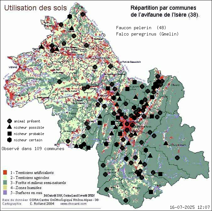 Carte de rpartition par communes en Isre d'une espce d'animal: Faucon plerin (Falco peregrinus (Gmelin)) selon Occupation des sols