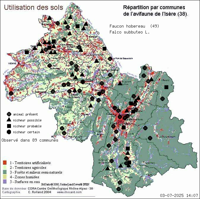 Carte de rpartition par communes en Isre d'une espce d'animal: Faucon hobereau (Falco subbuteo L.) selon Occupation des sols