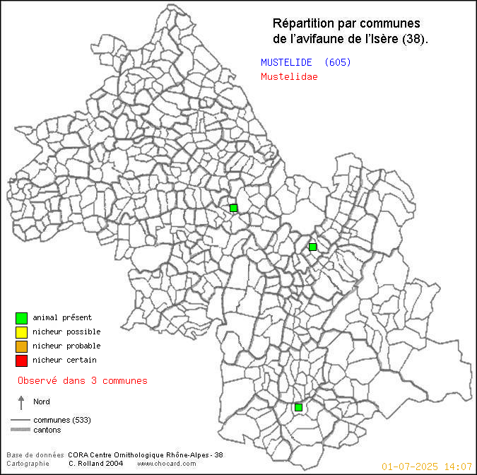 Carte de rpartition par communes en Isre d'une espce d'animal: MUSTELIDE (Mustelidae) selon Communes et cantons