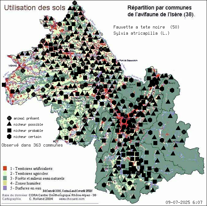 Carte de rpartition par communes en Isre d'une espce d'animal: Fauvette  tte noire (Sylvia atricapilla (L.)) selon Occupation des sols
