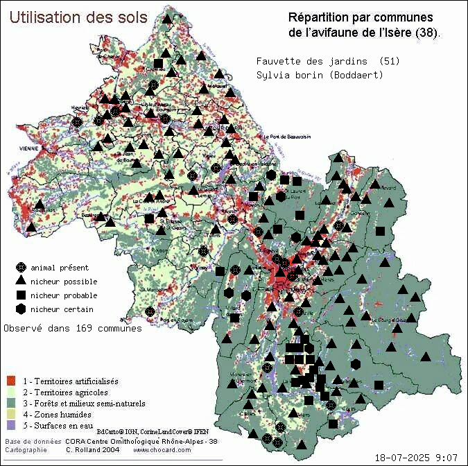 Fauvette des jardins (Sylvia borin (Boddaert)): carte de rpartition en Isre