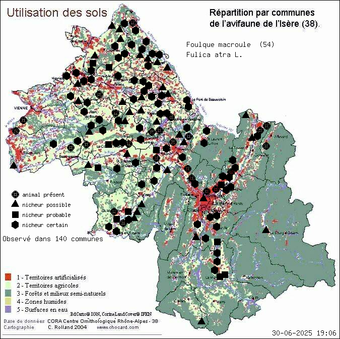 Foulque macroule (Fulica atra L.): carte de rpartition en Isre