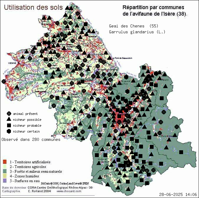 Geai des Chnes (Garrulus glandarius (L.)): carte de rpartition en Isre