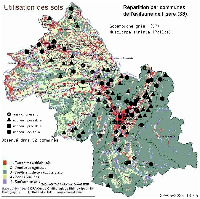 Gobemouche gris (Muscicapa striata (Pallas)): carte de rpartition en Isre