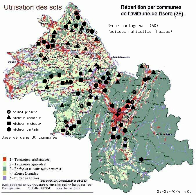Carte de rpartition par communes en Isre d'une espce d'animal: Grbe castagneux (Podiceps ruficollis (Pallas)) selon Occupation des sols