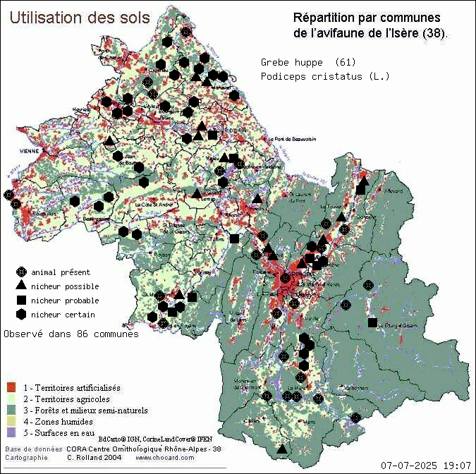 Carte de rpartition par communes en Isre d'une espce d'animal: Grbe hupp (Podiceps cristatus (L.)) selon Occupation des sols