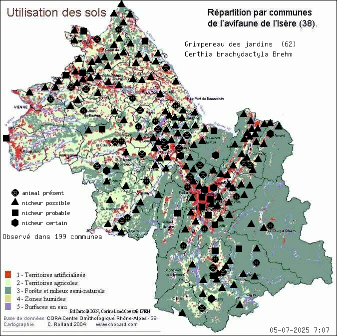 Carte de rpartition par communes en Isre d'une espce d'animal: Grimpereau des jardins (Certhia brachydactyla Brehm) selon Occupation des sols