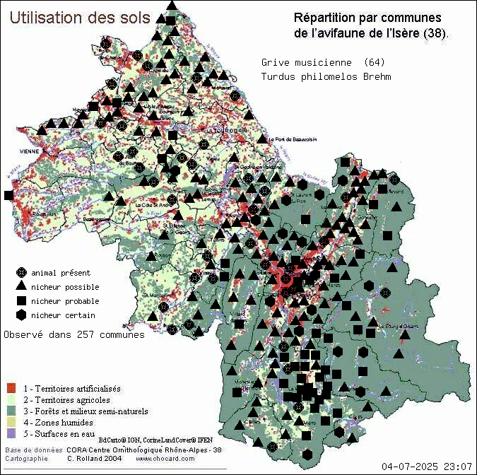 Carte de rpartition par communes en Isre d'une espce d'animal: Grive musicienne (Turdus philomelos Brehm) selon Occupation des sols
